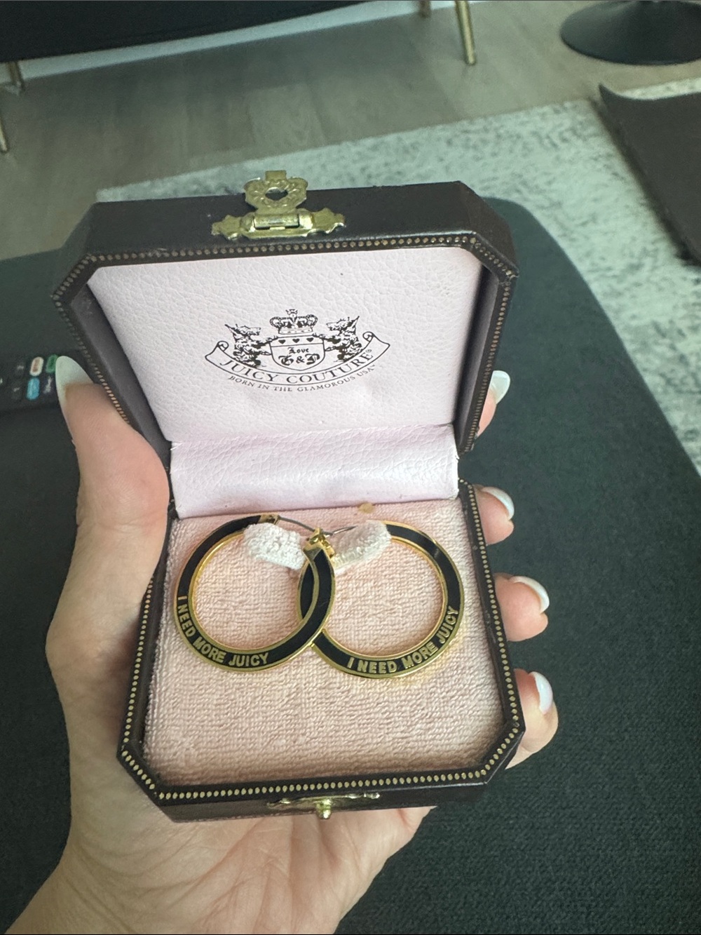 Juicy Couture Black and Gold Hoop Earrings with Slogan